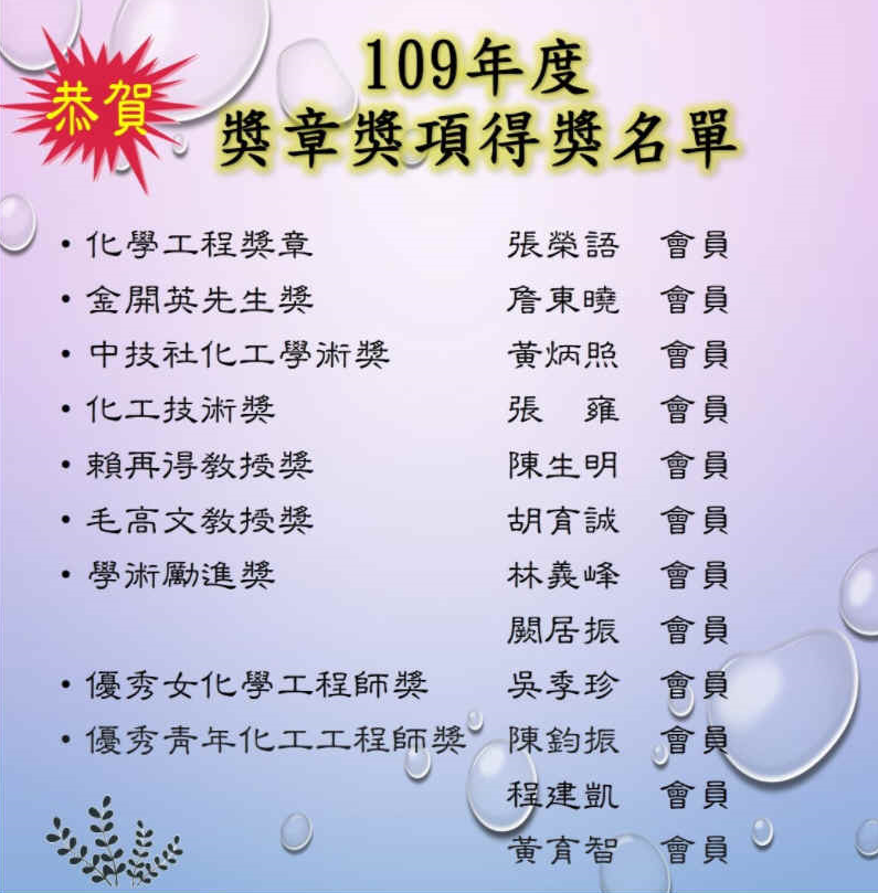 109年度中技社化工學術獎