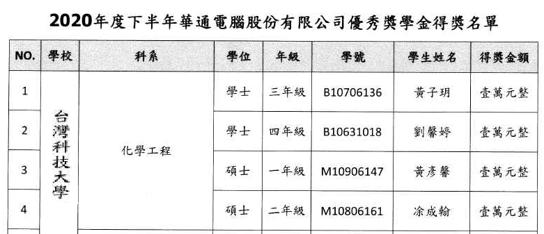 【華通電腦】優秀獎學金 台科大得獎函文-02