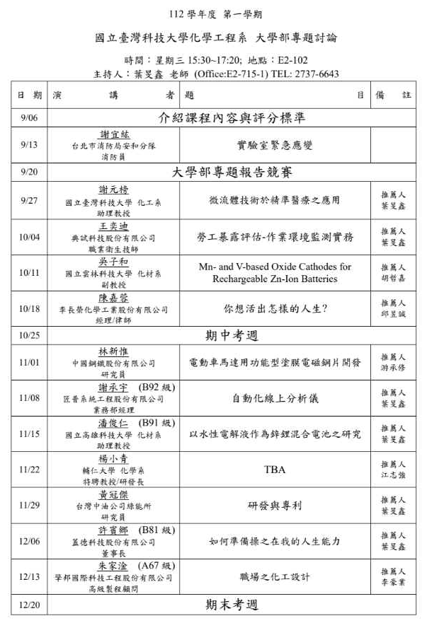 臺灣科技大學化學工程系112學年度第一學期大學部專題討論(1018更新版)