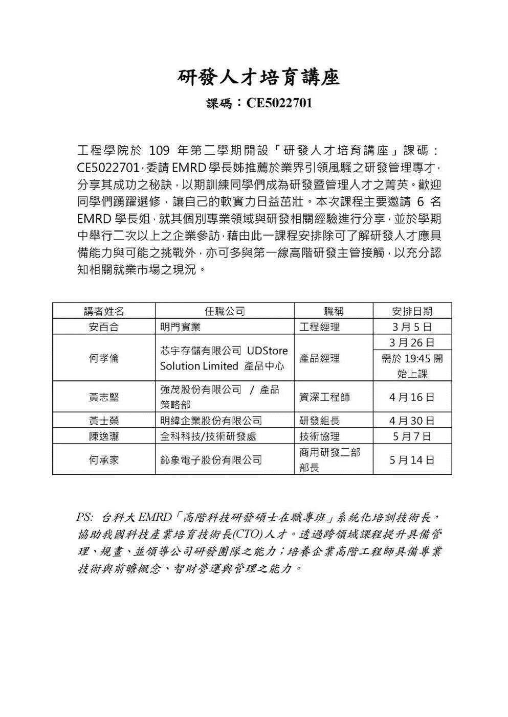 工程學院學院109(2)學年度開設「研發人才培育講座」課程